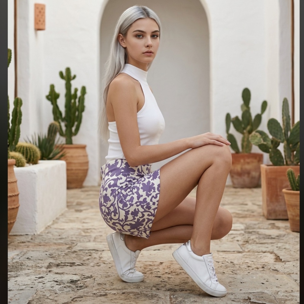 J CREW Skirt Purple White #27112 Printed Cotton Sateen Mini Geo